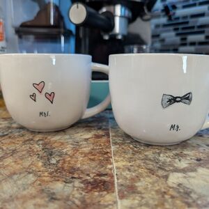 Rae Dunn White Mr. and Mrs. Mugs with Hearts and Bowtie